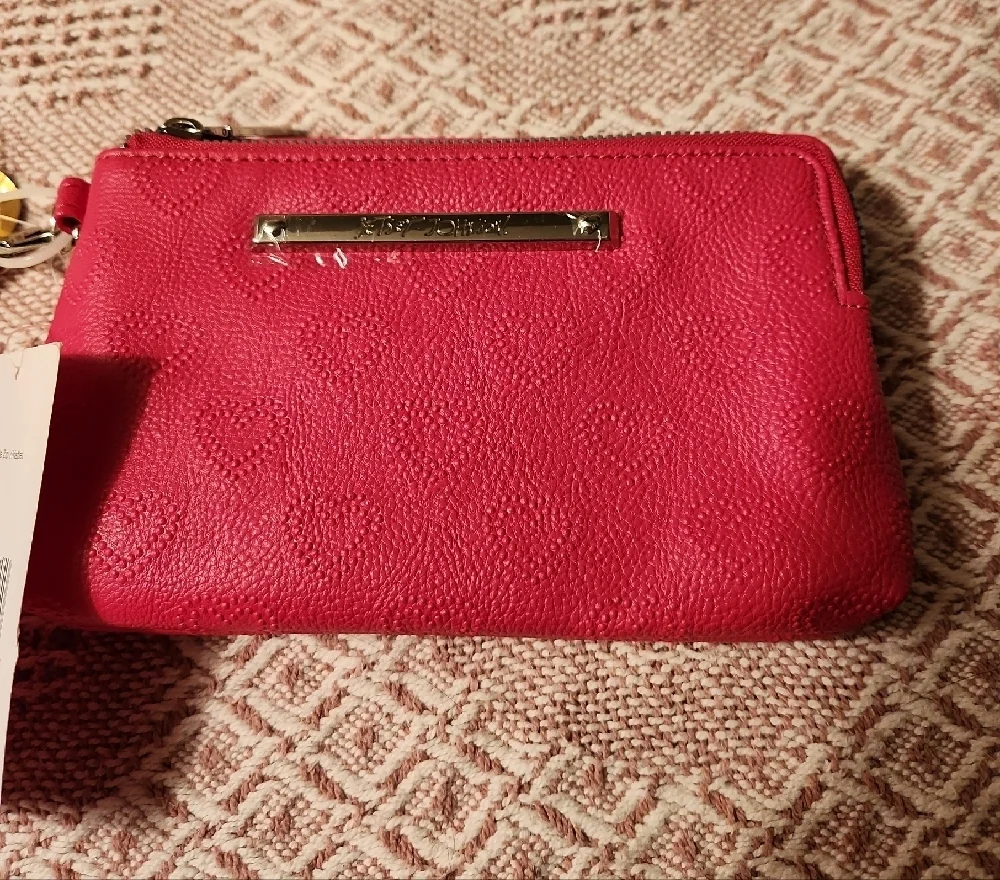 Betsey Johnson Red Faux Leather Double Zip Wristlet Embossed Hearts NWT